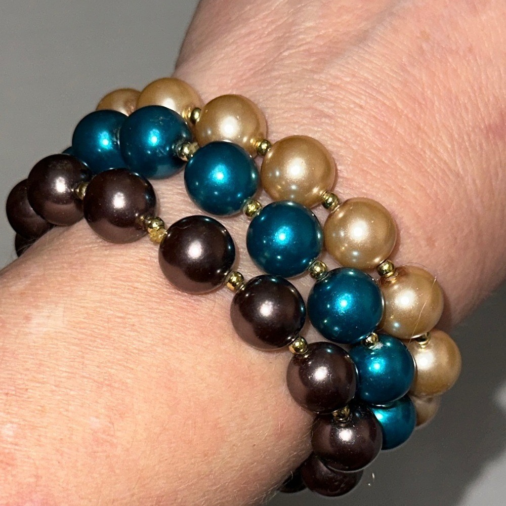 Set of 3 Faux Pearl Stretch Bracelets Teal Brown Champagne Gold Tone Stackable